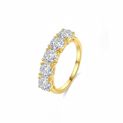 Angled profile view of Classic 5 Stone Round Moissanite Anniversary Wedding Band with Shared Prong Setting in Yellow Gold