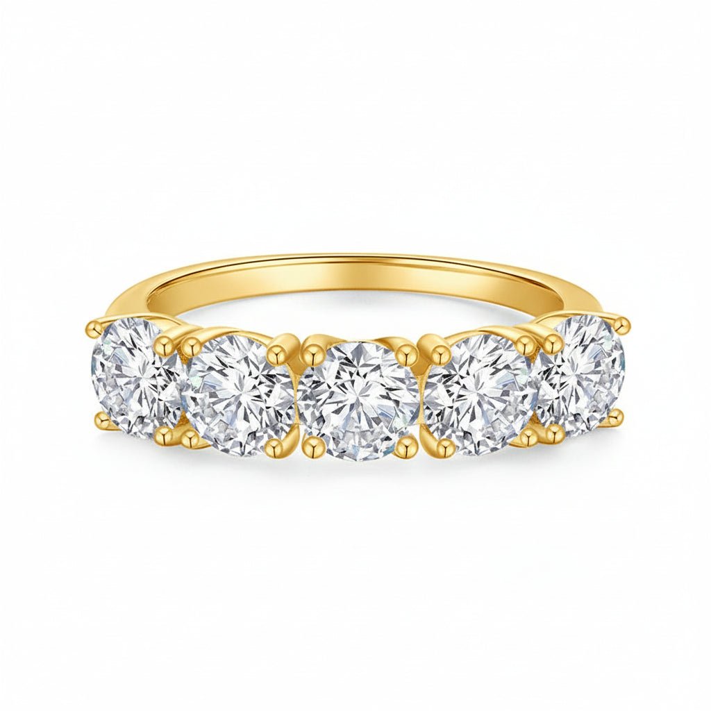 Classic 5 Stone Round Moissanite Anniversary Wedding Band with Shared Prong Setting in Yellow Gold - Novelle Vow