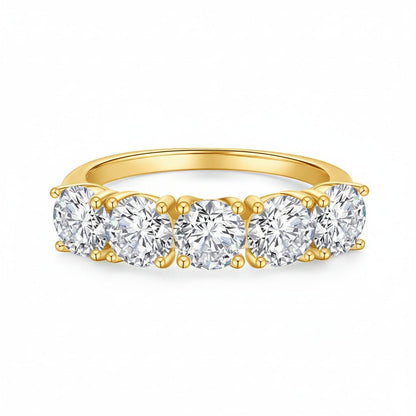 Classic 5 Stone Round Moissanite Anniversary Wedding Band with Shared Prong Setting in Yellow Gold - Novelle Vow