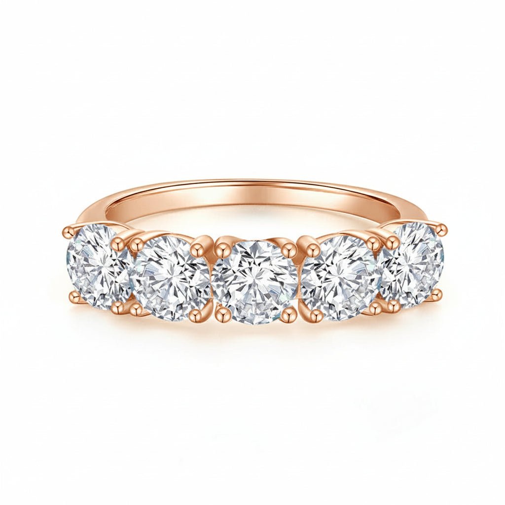 Classic 5 Stone Round Moissanite Anniversary Wedding Band with Shared Prong Setting in Rose Gold