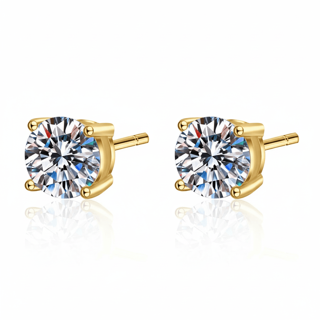 Side profile view of Classic Round Moissanite 4 Prong Stud Earrings in Yellow Gold - Novelle Vow