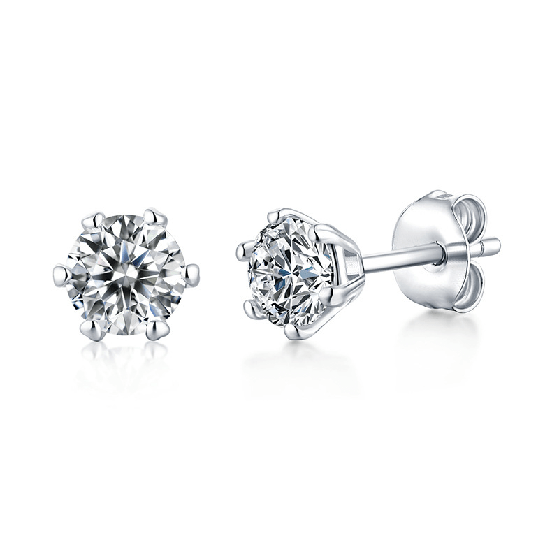 Angled profile view of Classic Round Moissanite 6 Prong Stud Earrings in White Gold - Novelle Vow