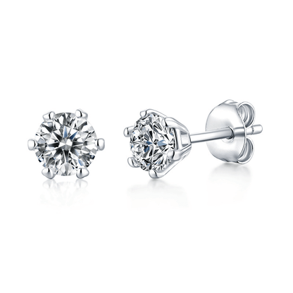 Angled profile view of Classic Round Moissanite 6 Prong Stud Earrings in White Gold - Novelle Vow