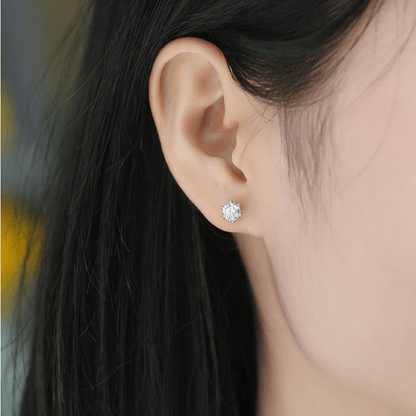 Classic Round Moissanite 6 Prong Stud Earrings Worn on Ear in White Gold - Novelle Vow
