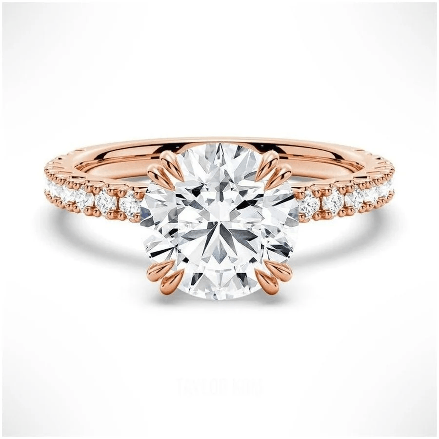 Classic Round Moissanite Solitaire Engagement Ring 4 Prong with Pave Band in Rose Gold - Novelle Vow