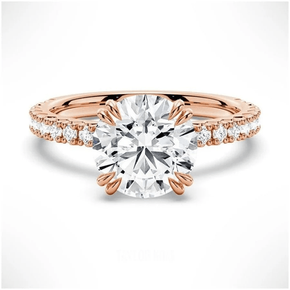 Classic Round Moissanite Solitaire Engagement Ring 4 Prong with Pave Band in Rose Gold - Novelle Vow