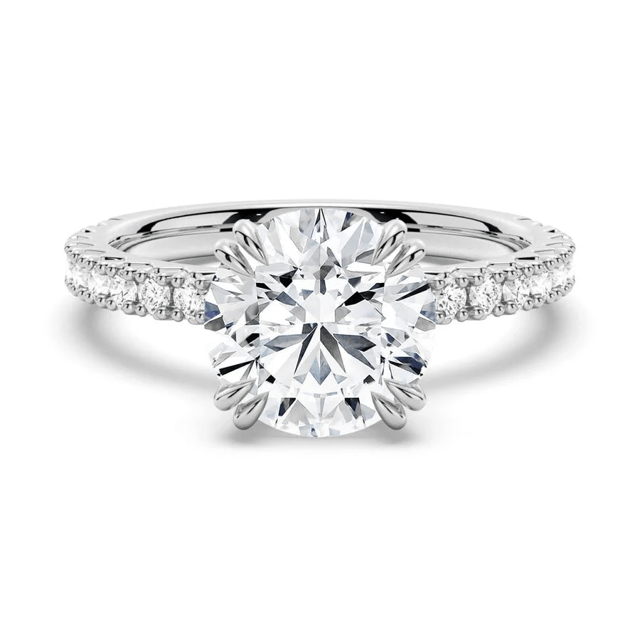 Classic Round Moissanite Solitaire Engagement Ring 4 Prong with Pave Band in White Gold - Novelle Vow
