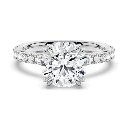 Classic Round Moissanite Solitaire Engagement Ring 4 Prong with Pave Band in White Gold - Novelle Vow