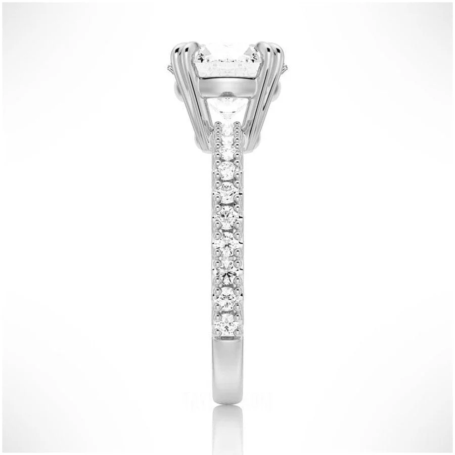 Side profile view of Classic Round Moissanite Solitaire Engagement Ring 4 Prong with Pave Band in White Gold - Novelle Vow