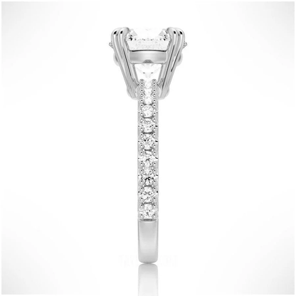 Side profile view of Classic Round Moissanite Solitaire Engagement Ring 4 Prong with Pave Band in White Gold - Novelle Vow