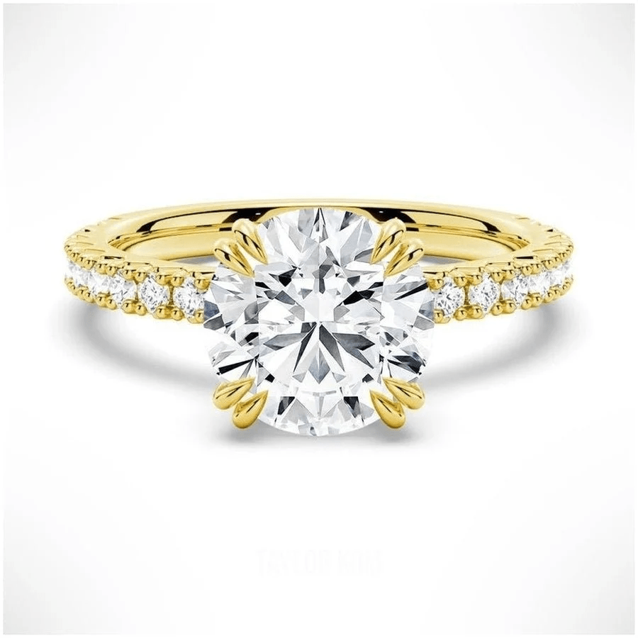 Classic Round Moissanite Solitaire Engagement Ring 4 Prong with Pave Band in Yellow Gold - Novelle Vow