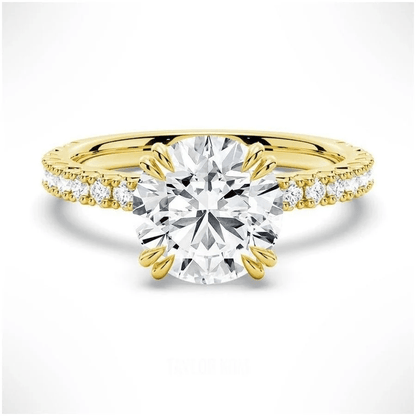 Classic Round Moissanite Solitaire Engagement Ring 4 Prong with Pave Band in Yellow Gold - Novelle Vow
