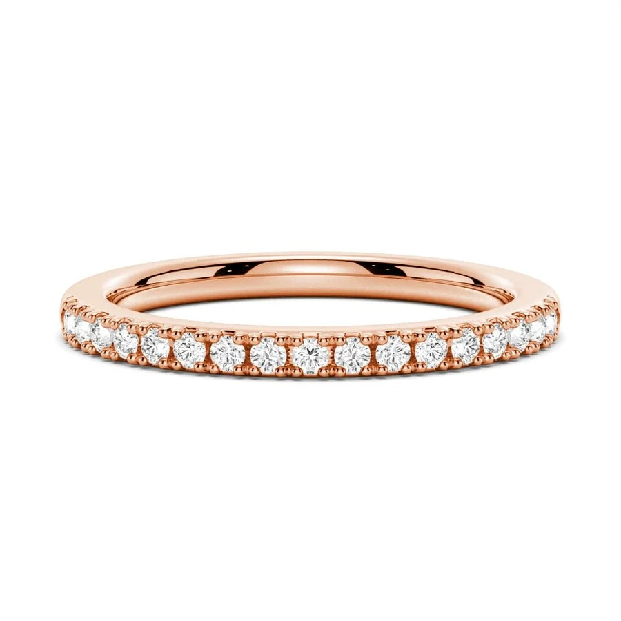Front view of classic round pave moissanite anniversary wedding band in rose gold color