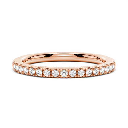 Front view of classic round pave moissanite anniversary wedding band in rose gold color