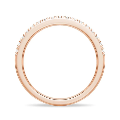 Side view showing round inner band profile of pave moissanite ring in rose gold color