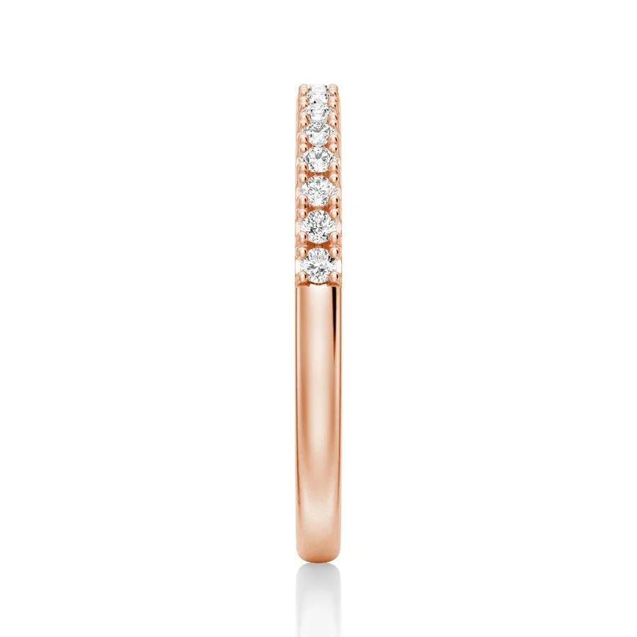 Vertical side profile view of 2.2mm round moissanite pave band in rose gold color