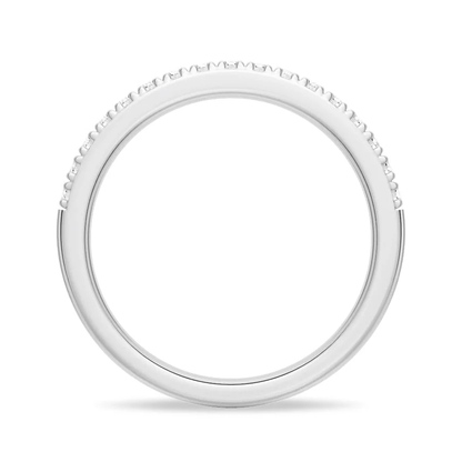 Side view showing round inner band profile of pave moissanite ring in white gold color