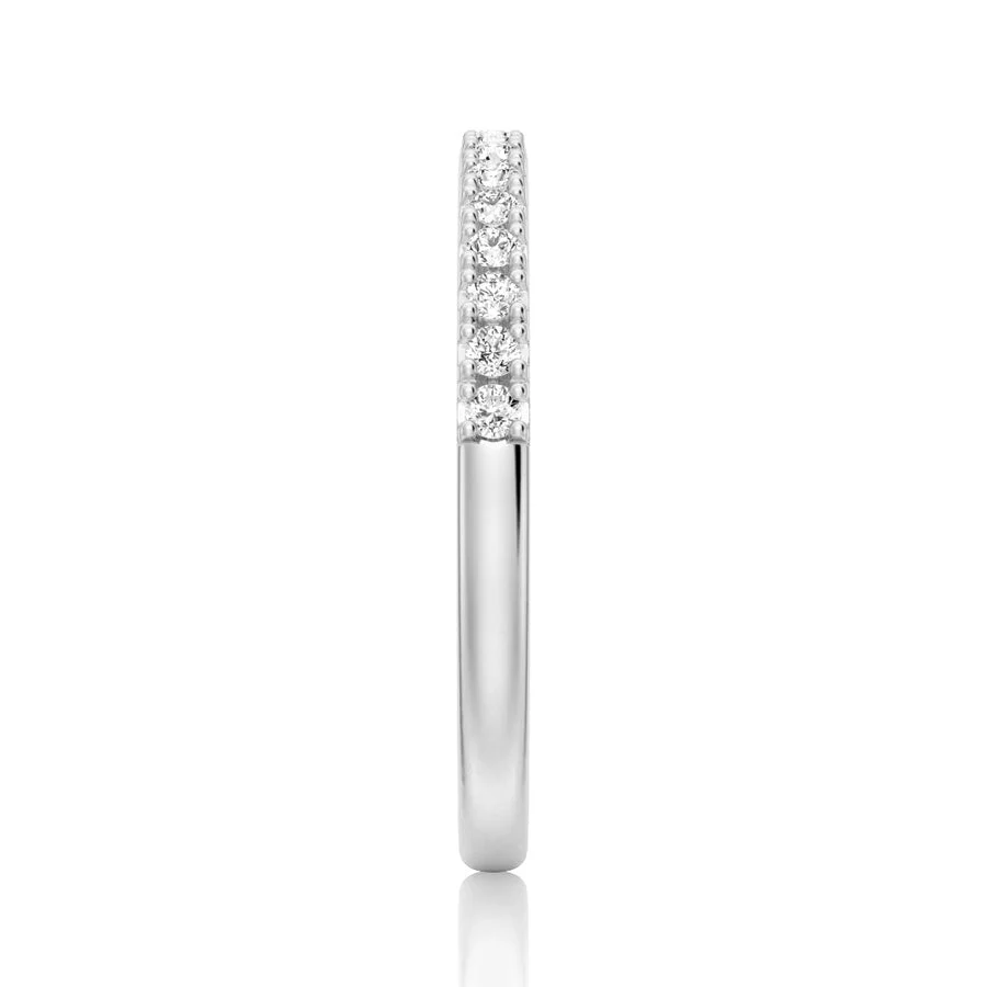 Vertical side profile view of 2.2mm round moissanite pave band in white gold color