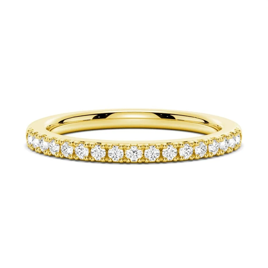 Front view of classic round pave moissanite anniversary wedding band in yellow gold color