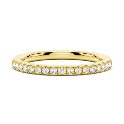 Front view of classic round pave moissanite anniversary wedding band in yellow gold color
