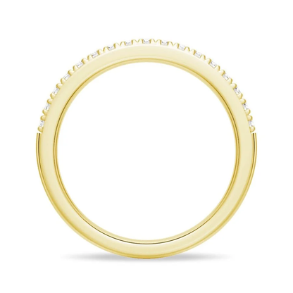 Side view showing round inner band profile of pave moissanite ring in yellow gold color