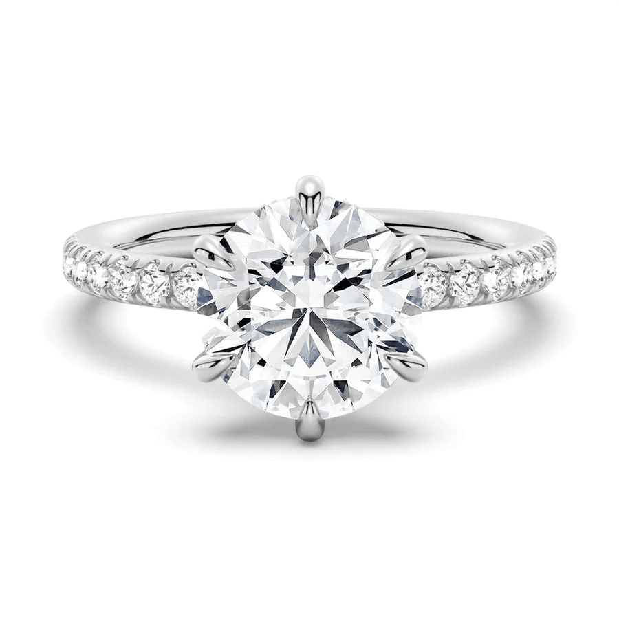 Classic Six Prong Round Moissanite Engagement Ring with Pavé Band - Novelle Vow
