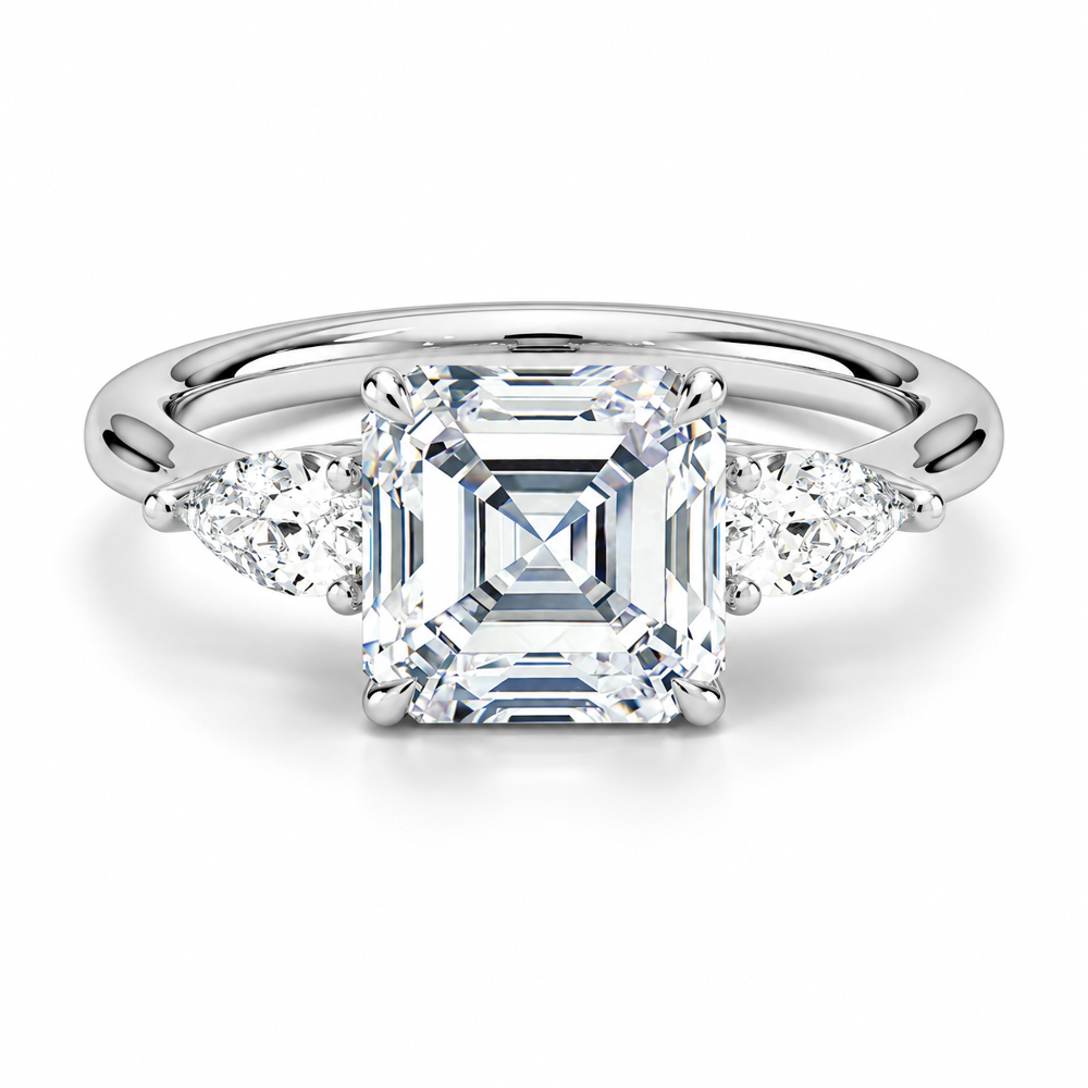 White gold classic three-stone asscher cut moissanite engagement ring top view with pear cut side stones-Novelle Vow