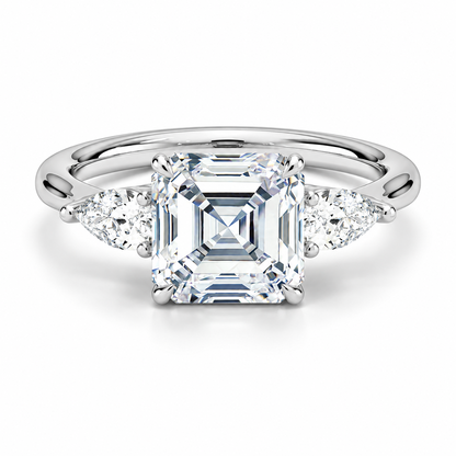 White gold classic three-stone asscher cut moissanite engagement ring top view with pear cut side stones-Novelle Vow