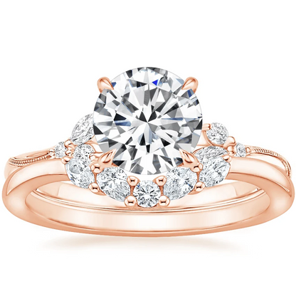 Rose gold curved cluster moissanite wedding band paired with engagement ring stack