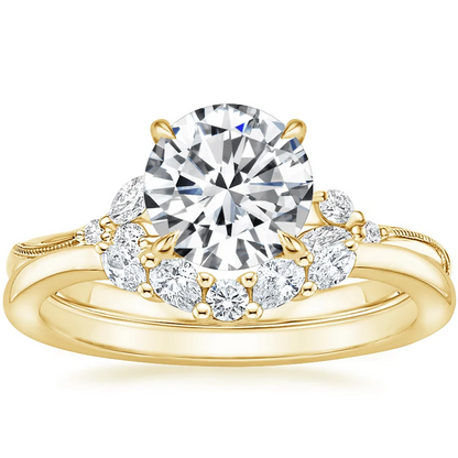 Yellow gold curved moissanite wedding band stacked with nature inspired solitaire engagement ring