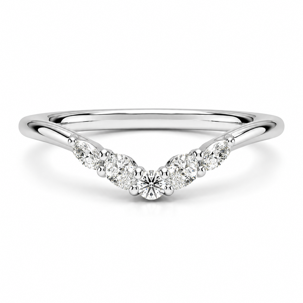 NOVELLE VOW front view of white gold curved wedding band with round pear and marquise moissanites