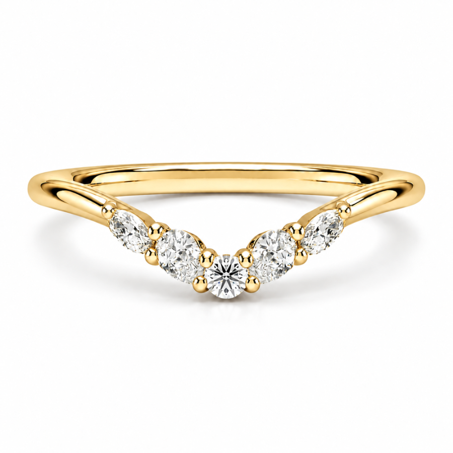 Front view of yellow gold curved moissanite wedding band