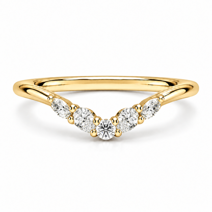 Front view of yellow gold curved moissanite wedding band