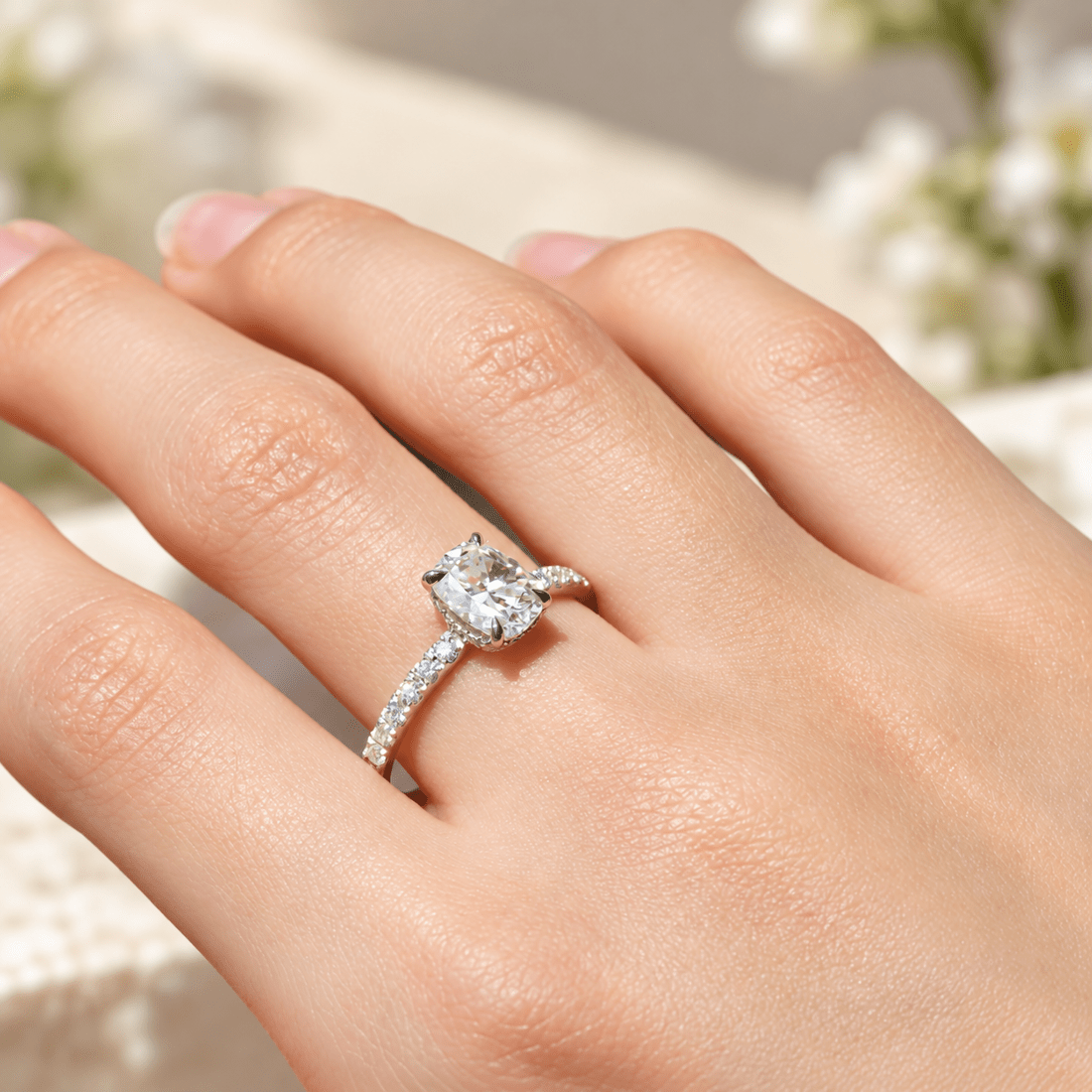 Cushion-Cut Moissanite Engagement Ring with Hidden Halo - Novelle Vow