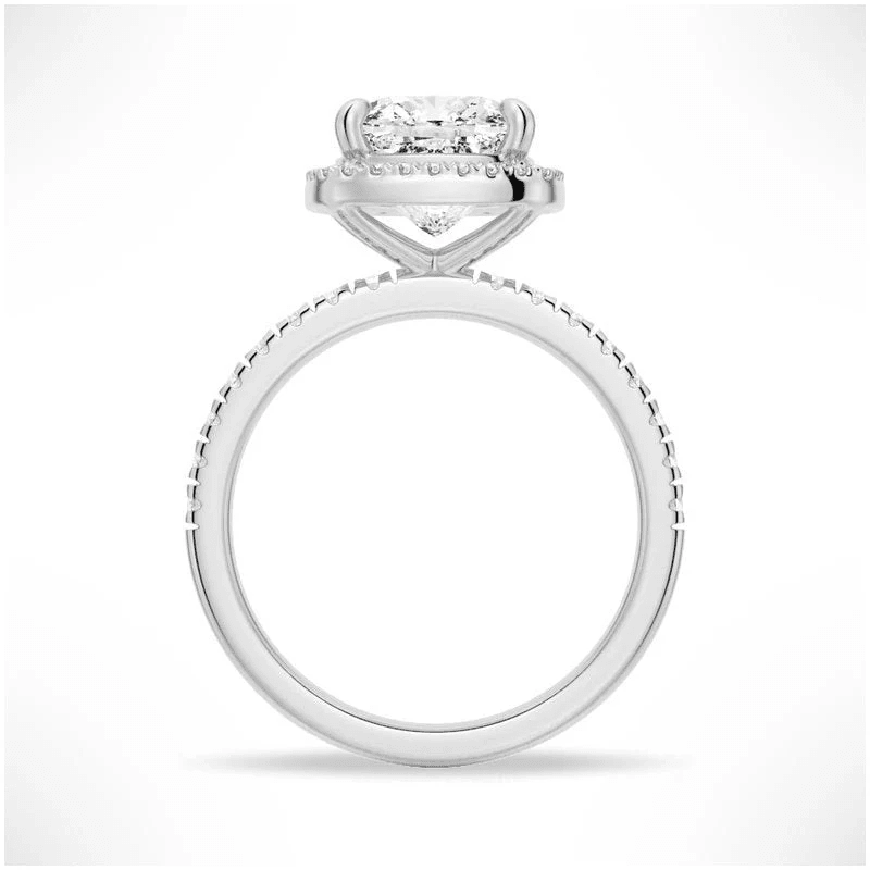 Cushion Cut Moissanite Engagement Ring with Hidden Halo & Pavé Band - Novelle Vow