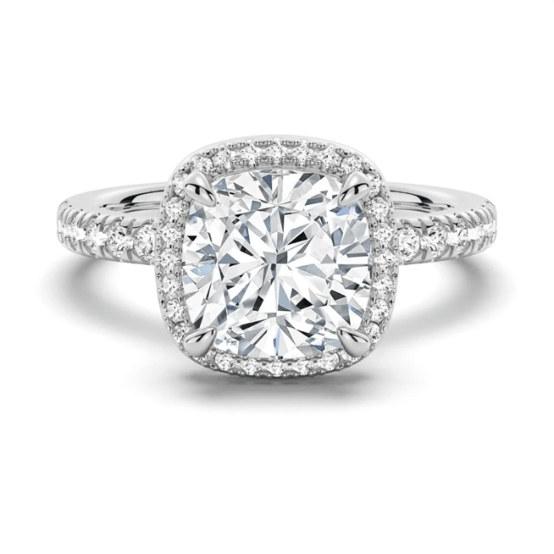 Cushion Cut Moissanite Engagement Ring with Hidden Halo & Pavé Band - Novelle Vow