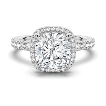 Cushion Cut Moissanite Engagement Ring with Hidden Halo & Pavé Band - Novelle Vow