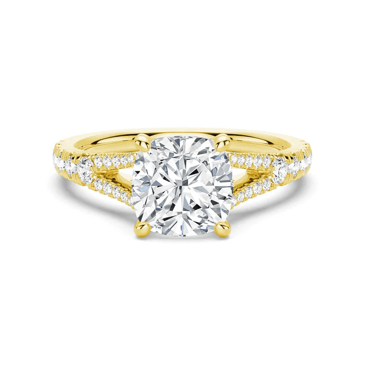 Cushion Cut Moissanite Engagement Ring with Pave Split Shank Band in Yellow Gold - Novelle Vow