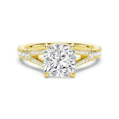 Cushion Cut Moissanite Engagement Ring with Pave Split Shank Band in Yellow Gold - Novelle Vow