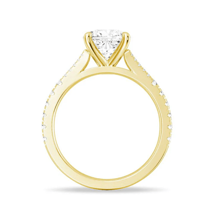 Profile view of Cushion Cut Moissanite Engagement Ring with Pave Split Shank Band in Yellow Gold