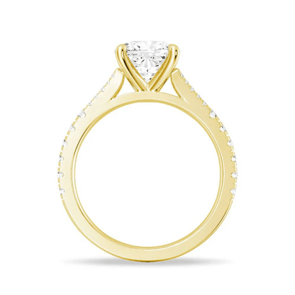 Profile view of Cushion Cut Moissanite Engagement Ring with Pave Split Shank Band in Yellow Gold