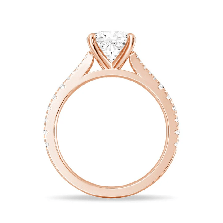 Profile view of Cushion Cut Moissanite Engagement Ring with Pave Split Shank Band in Rose Gold
