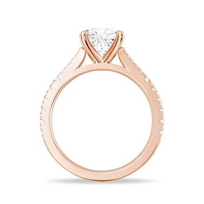 Profile view of Cushion Cut Moissanite Engagement Ring with Pave Split Shank Band in Rose Gold