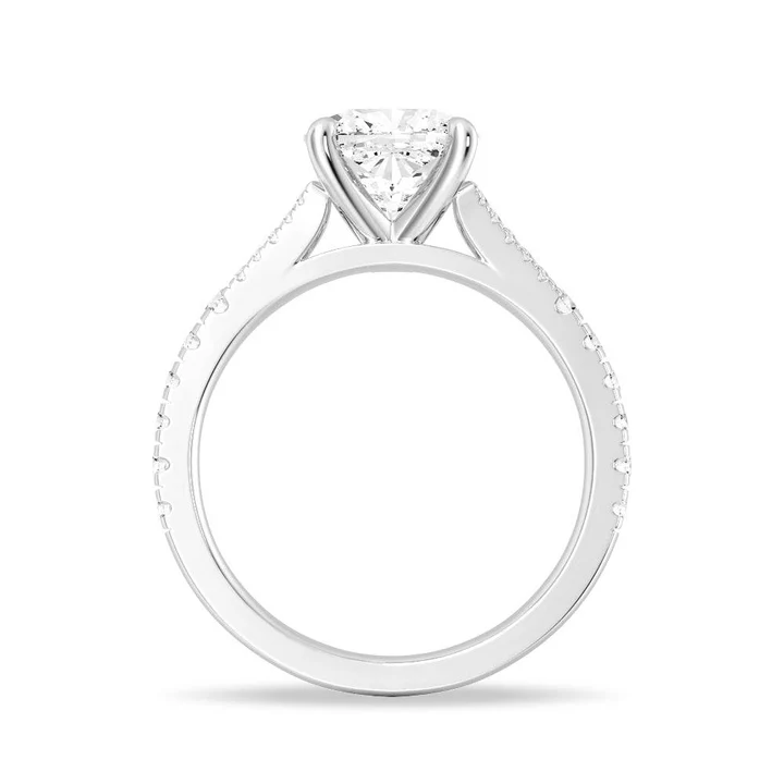 Profile view of Cushion Cut Moissanite Engagement Ring with Pave Split Shank Band in White Gold