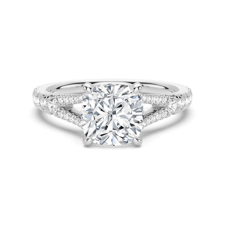 Cushion Cut Moissanite Engagement Ring with Pave Split Shank Band in White Gold - Novelle Vow