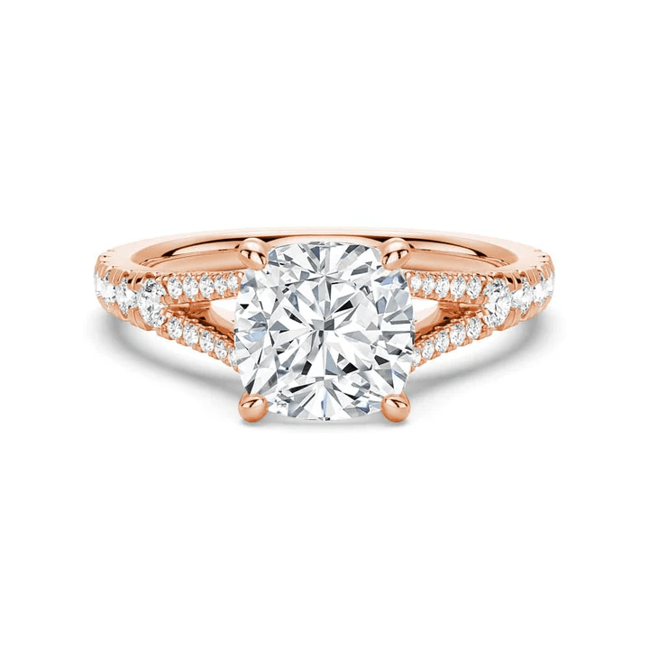 Cushion Cut Moissanite Engagement Ring with Pave Split Shank Band in Rose Gold 
