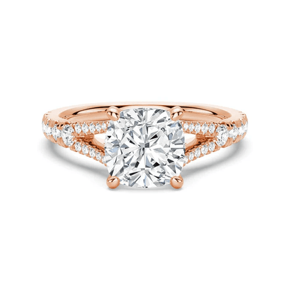 Cushion Cut Moissanite Engagement Ring with Pave Split Shank Band in Rose Gold 