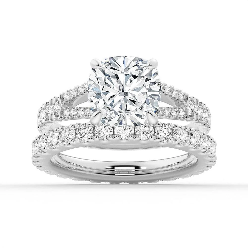 White gold cushion moissanite bridal set with pave engagement ring and matching wedding band-NOVELLE VOW
