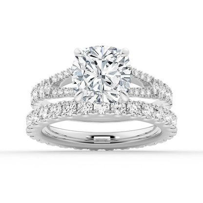White gold cushion moissanite bridal set with pave engagement ring and matching wedding band-NOVELLE VOW