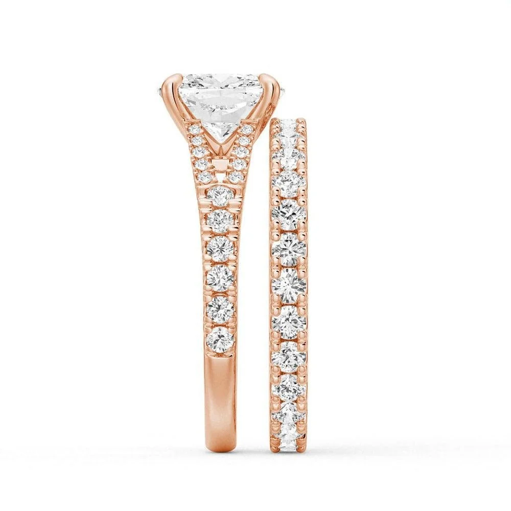 Rose gold cushion moissanite bridal set side profile view showing stacked engagement ring and pave band